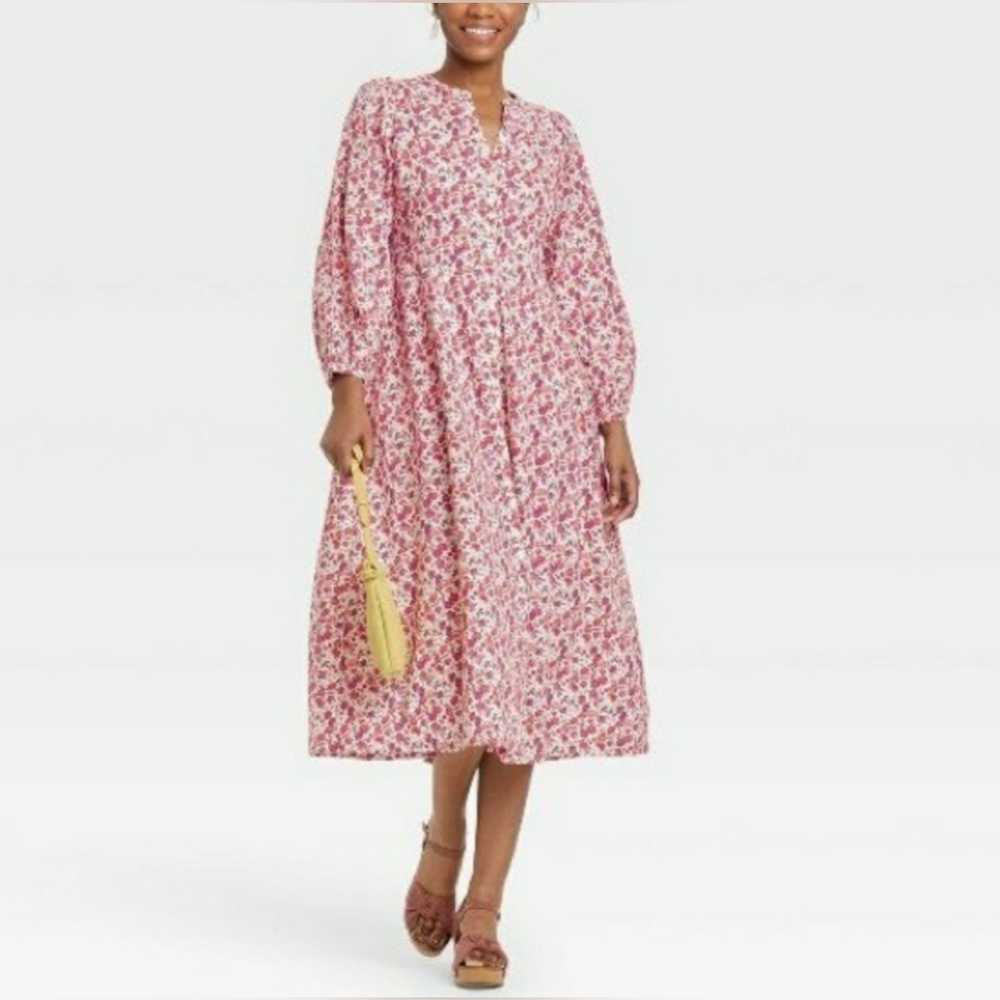 Universal Thread Pink Floral Button Down Balloon Sleeve Dress